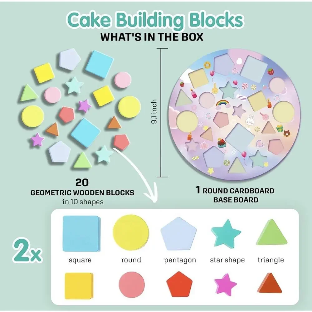 Timixy Wooden Cake Building Blocks Geometric Shapes Sorting Toy Age 3+
